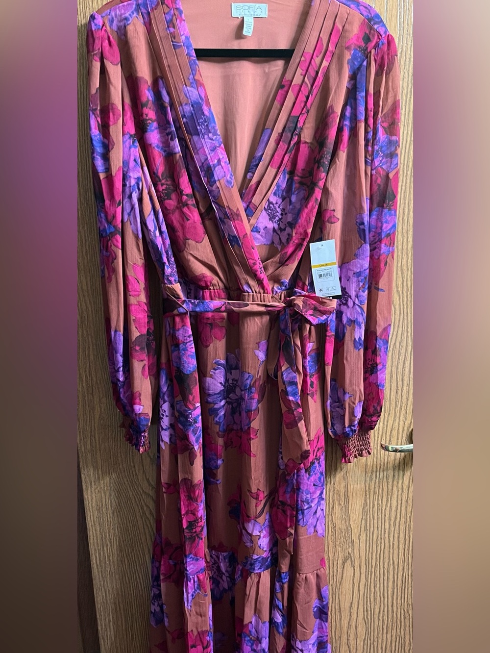 sofia by sofia vergara Rust Floral Wrap Maxi Dress with Pink & Purple Blooms